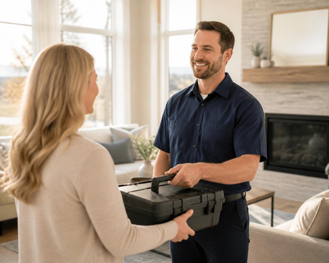 A local service professional greeting a homeowner in a bright living room